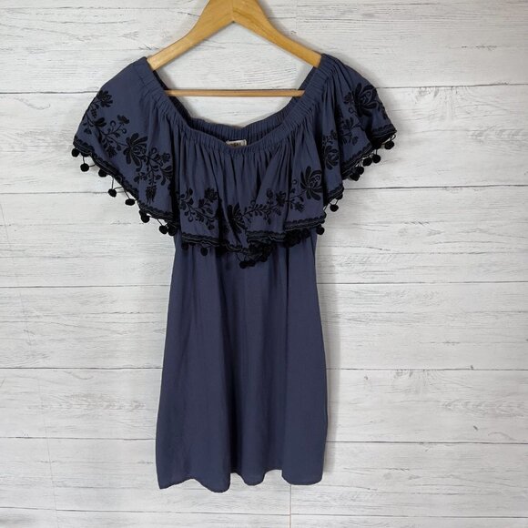 Umgee Dress Womens Size Medium Navy and Black Off the Shoulder Pom Poms Mini - Picture 12 of 14